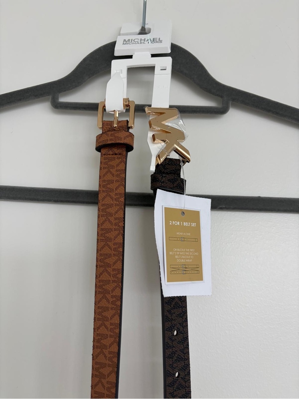 Michael Kors Two-Piece Logo Belt Set in Brown and Dark Brown with Gold MK Buckle